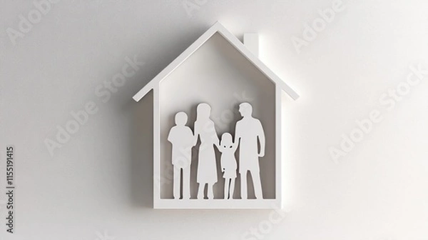 Obraz A simple white house shape with paper cut figures of parents and children inside, placed on a blank background to convey the concept of a happy family life
