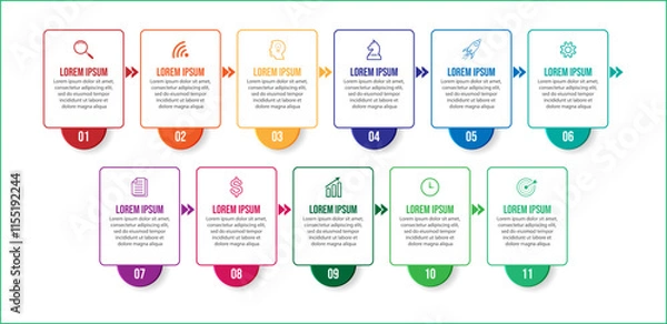 Fototapeta colorful minimalist infographic business design with lines and icons. 11 interconnected sections