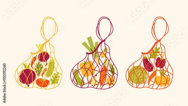 Fototapeta Set eco hand made bag or reusable bag full of vegetables from local market. Agriculture produce, harvest. Ripe fresh organic food- tomatoes, cucumbers, broccoli, carrots, onions and other ingredients.