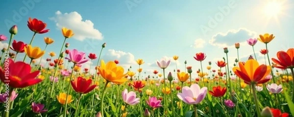 Fototapeta A rainbow of wild flowers swaying in the breeze, spring, growth