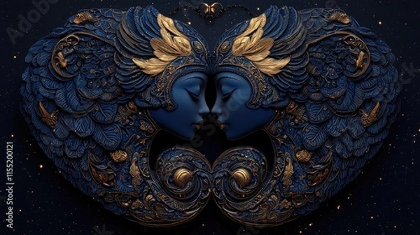 Fototapeta A mesmerizing artwork featuring two symmetrical faces entwined, adorned with intricate designs and golden accents against a dark background.
