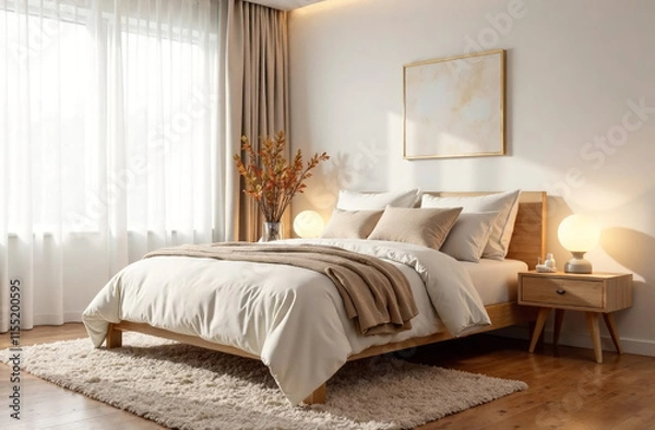 Fototapeta A serene modern bedroom with a minimalist design featuring neutral tones. A cozy bed with beige and white linens rests on a wooden floor. White wall and a blank wooden frame enhance 