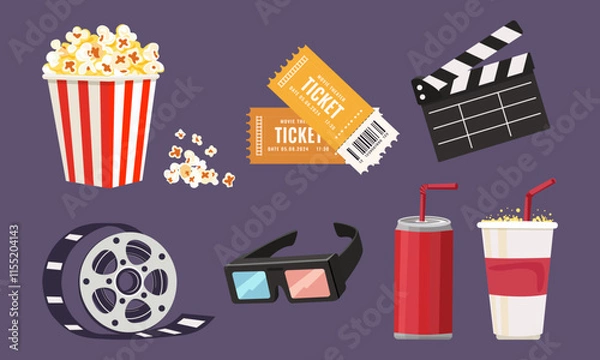 Obraz Set of cinema icons popcorn, carbonated drinks, soda, tickets, 3D glasses, cinema film, clapper Time in the cinema. Vector images. Isolated