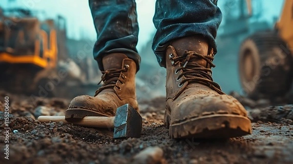 Fototapeta Close-up of muddy work boots and hammer on construction site.