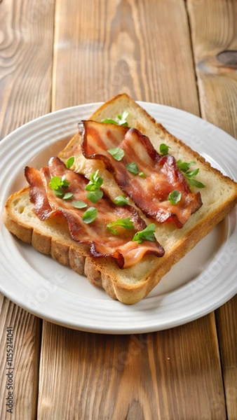 Obraz A white plate topped with bacon and toast