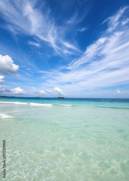 Fototapeta Tropical paradise, crystal clear turquoise water, white sandy beach, wispy cirrus clouds, vibrant blue sky, calm ocean waves, horizon, tranquil seascape, summer vacation, idyllic island getaway, prist
