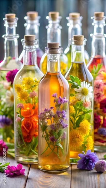 Obraz A group of bottles with liquid and flowers