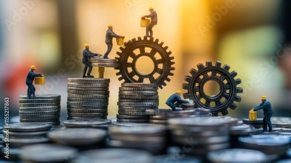 Obraz A group of miniature people work together to build gears above and below a stack of coins the concept of building an economy and teamwork with a blur effect creates