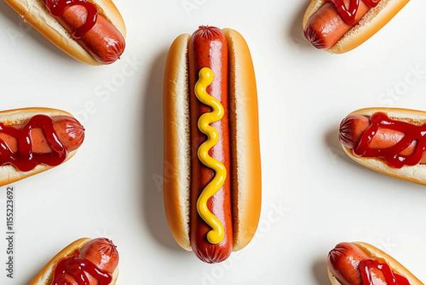 Fototapeta Top view random pattern of hotdog with bun isolated on white background, Selective focus hotdog with mustard and ketchup on white, Seamless pattern background of hotdog.