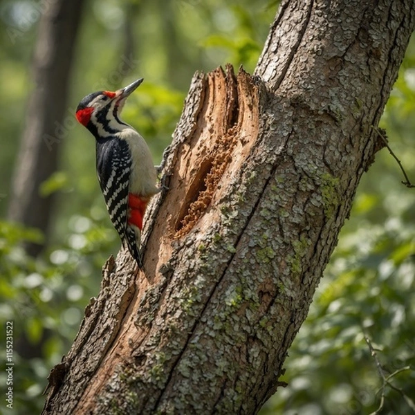 Fototapeta A woodpecker hammering on a tree trunk in a vibrant springtime forest.