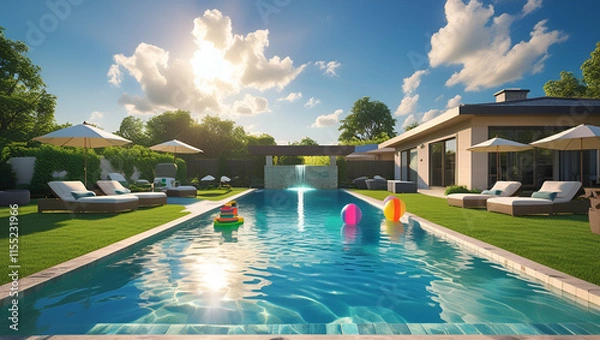 Obraz Modern Luxurious Villa with garden and swimming pool, Generative AI
