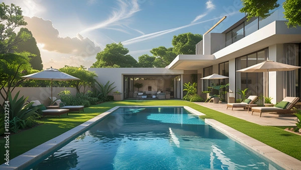 Obraz Modern Luxurious Villa with garden and swimming pool, Generative AI
