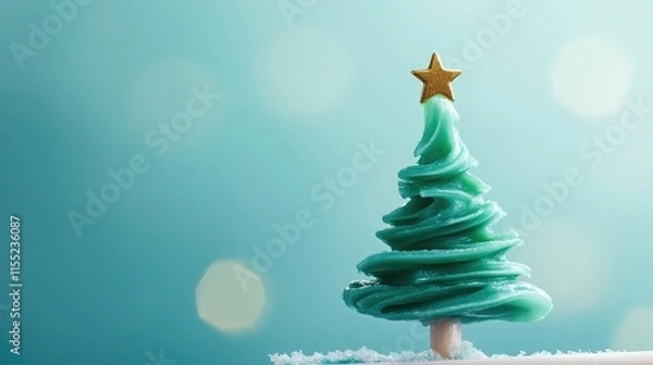 Fototapeta A whimsical Christmas tree made of green toothpaste on a toothbrush, featuring a tiny golden star topper