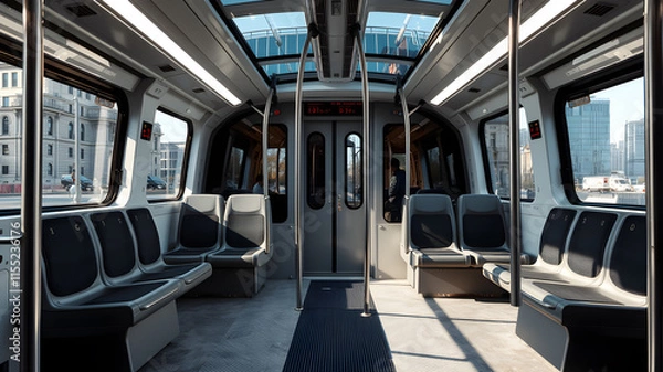 Obraz Modern tram seating arrangement with ergonomic seats, vertical handrails, and large city-view windows. Generative AI