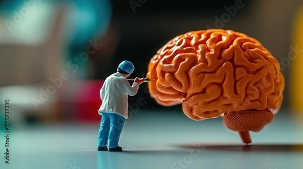 Obraz Miniature model of human brain with small figure of a doctor in white shirt doing research health check creates impression of professional attitude in work