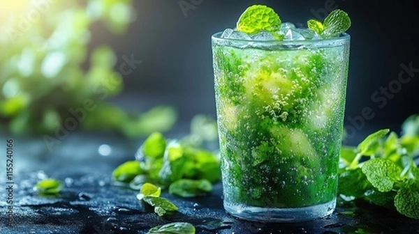 Fototapeta Refreshing Mint Cooler in Glass with Ice.