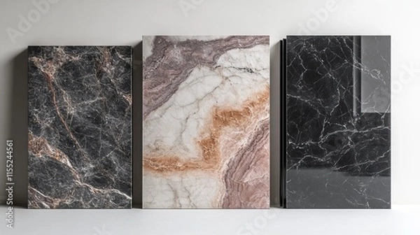 Fototapeta Three marble slabs showcasing different patterns and color for design inspiration.