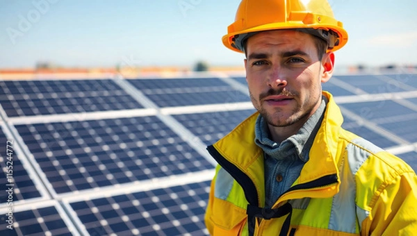 Fototapeta Professional Engineer Wearing Helmet and Jacket at Solar Panels Site