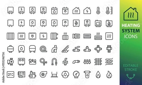 Fototapeta Home central heating system icons.  Set of electric and gas boiler parts, radiator, warm floor, water heater vector icon with editable stroke