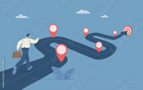 Fototapeta Timeline, Progress in business, Roadmap, Businessman project manager running work on project timeline, Project planning, Key route map with action plans, Timeline to success, Vector illustration.