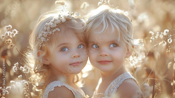 Obraz Sisterly Love: A Pair of Identical Toddler Girls in a Dreamy Outdoor Setting with Soft Light.