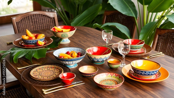 Fototapeta Tropical-inspired dining table with banana leaves, vibrant fruit bowls, and ceramic dishes. generative AI