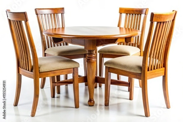 Fototapeta Close-Up Dining Table Set: Wooden Chairs, White Background, Elegant Home Decor
