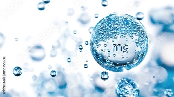 Fototapeta Water droplets with small bubbles in them, surrounded by colorful circles and magnesium symbols in them, the concept of mineral water that has many good elements for the body