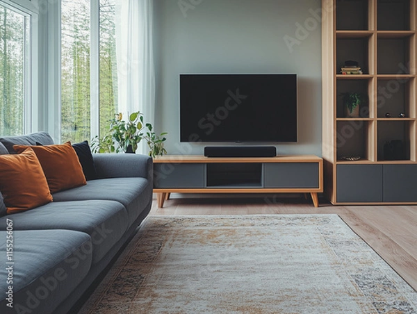 Fototapeta 
A stylish living room soft warm sofa complemented by a simple TV. The Scandinavian living room includes a two-tone rug and greenery by the windows