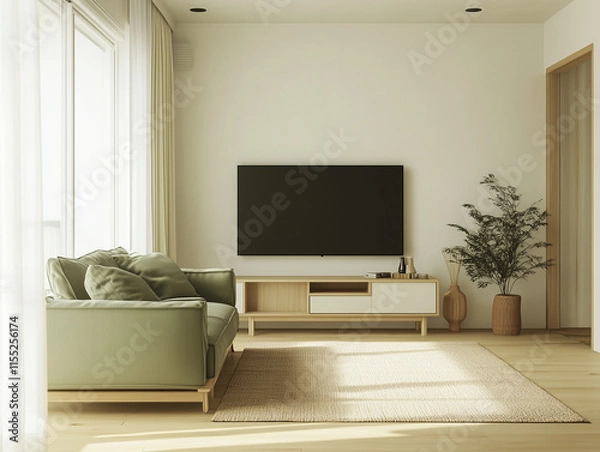 Fototapeta 
A stylish living room soft warm sofa complemented by a simple TV. The Scandinavian living room includes a two-tone rug and greenery by the windows