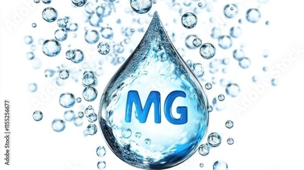 Obraz Water droplets with small bubbles in them, surrounded by colorful circles and magnesium symbols in them, the concept of mineral water that has many good elements for the body