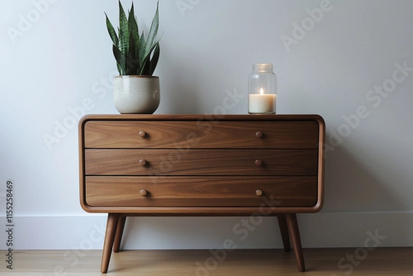 Fototapeta 
A walnut chest of drawers with tapered legs against a pristine white wall.. place in the home entrance 