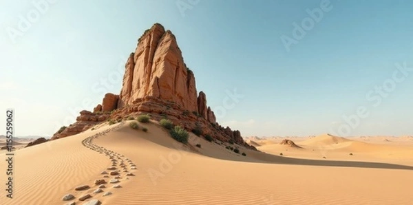 Fototapeta A solitary sandstone monolith rises majestically from the undulating desert sands, a path of footprints winding towards its base under a clear, pale sky.