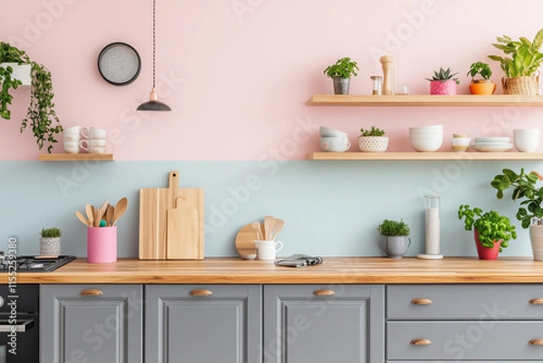 Fototapeta  A minimal Scandinavian kitchen with cabinets and a warm wooden countertop, complemented by natural wood shelves