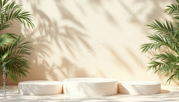 Fototapeta Abstract minimal nature scene - empty stage with three white rectangle podiums on beige background and shadows of tree leaves. Pedestal for cosmetic product and packaging mockups display presentation