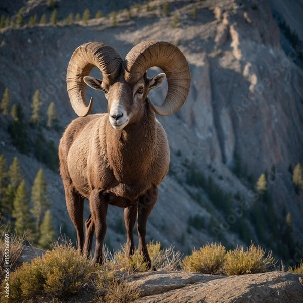 Obraz A bighorn sheep standing on the edge of a steep cliff.