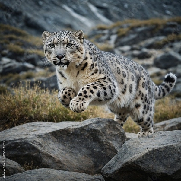 Fototapeta A snow leopard leaping gracefully across rocks.
