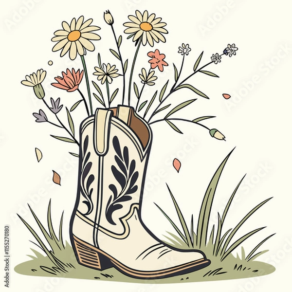 Obraz  A charming illustration of a cowboy boot used as a vase, holding wild flower sticks, combining rustic and floral elements for a country-inspired design.