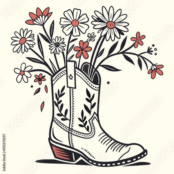 Obraz  A charming illustration of a cowboy boot used as a vase, holding wild flower sticks, combining rustic and floral elements for a country-inspired design.