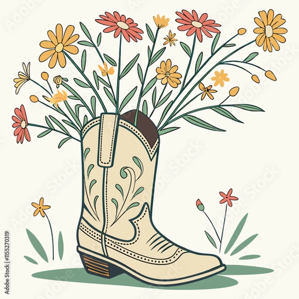 Obraz  A charming illustration of a cowboy boot used as a vase, holding wild flower sticks, combining rustic and floral elements for a country-inspired design.