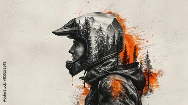Fototapeta Profile of a person wearing a motorcycle helmet with a mountain landscape reflected inside.  Orange paint splatters surround the image.