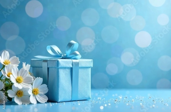 Fototapeta A gift wrapped in a blue package with a blue ribbon stands on the left of the photo on a blue background with blue and white bokeh, next to it there is a bouquet of white flowers with space for text. 