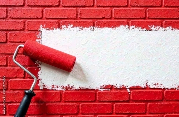 Fototapeta The red paint roller paints the brick steppe in red, leaving a white stripe in the middle with space for text, Renovation concept, wall painting, interior design.