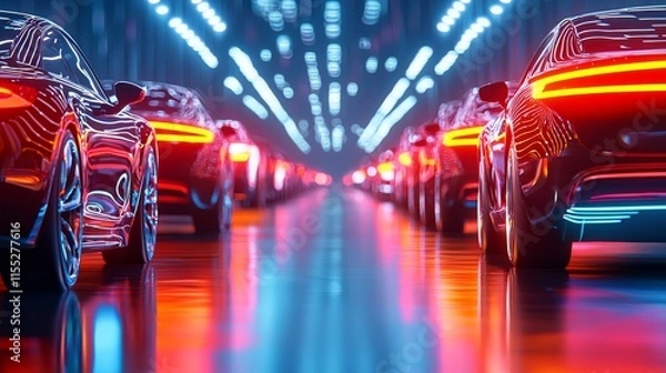 Fototapeta Seamless self-driving car fleet on a futuristic highway urban environment technology showcase