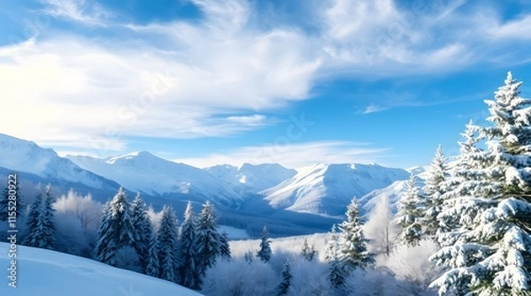 Fototapeta Amazing winter scenes snowcovered mountains and pine trees under bright sunlight. Perfect for winter holidaythemed designs, naturethemed projects, and travel advertisements.