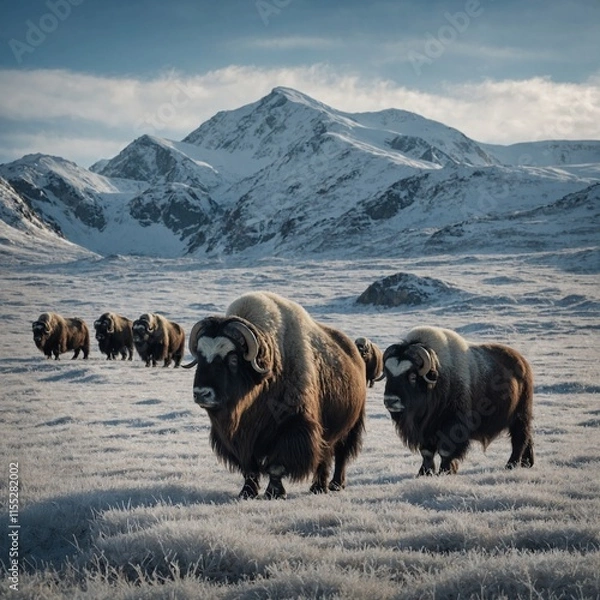Obraz A herd of musk oxen on a frosty mountain plain.