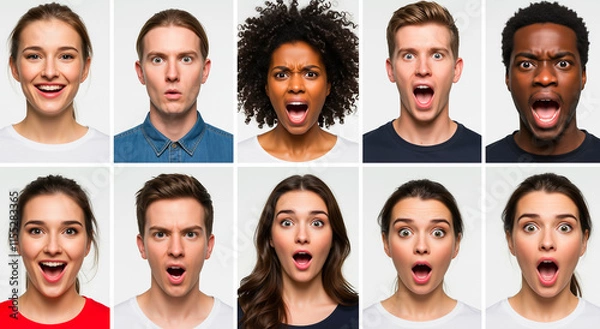 Fototapeta Collage, faces and surprised with people for emotion, shock and expression with reaction group. Diverse, portrait and collection with open mouth or astonishment with studio background