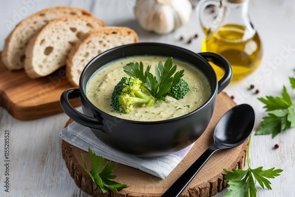 Fototapeta A rustic setting with a black bowl containing a creamy broccoli soup