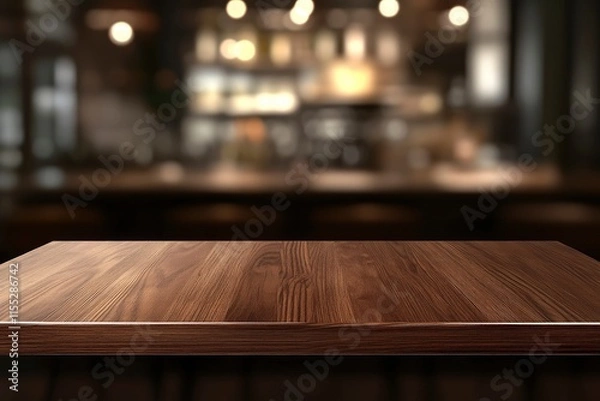 Fototapeta Empty wooden table top with lights bokeh on blur restaurant background. 
