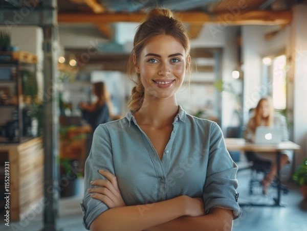 Obraz Portrait of a smiling businesswoman standing confidently in a modern office with blurred colleagues in the background, creating a professional and dynamic atmosphere.
